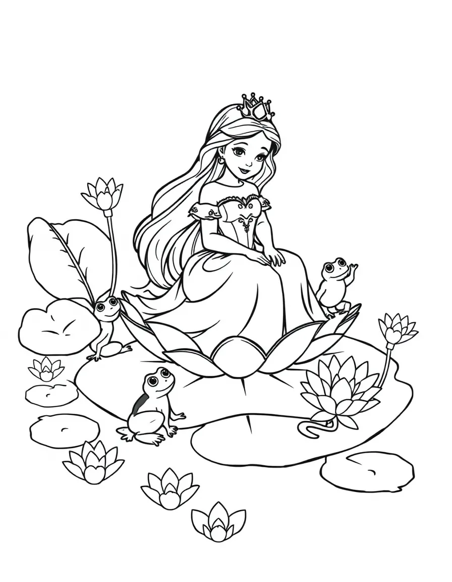 A princess on a lily pad, surrounded by singing frogs and glowing water lilies.