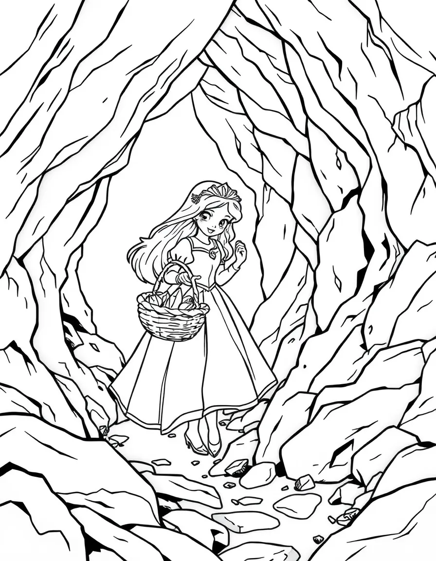A princess with a basket of glowing crystals, exploring a dark cave.
