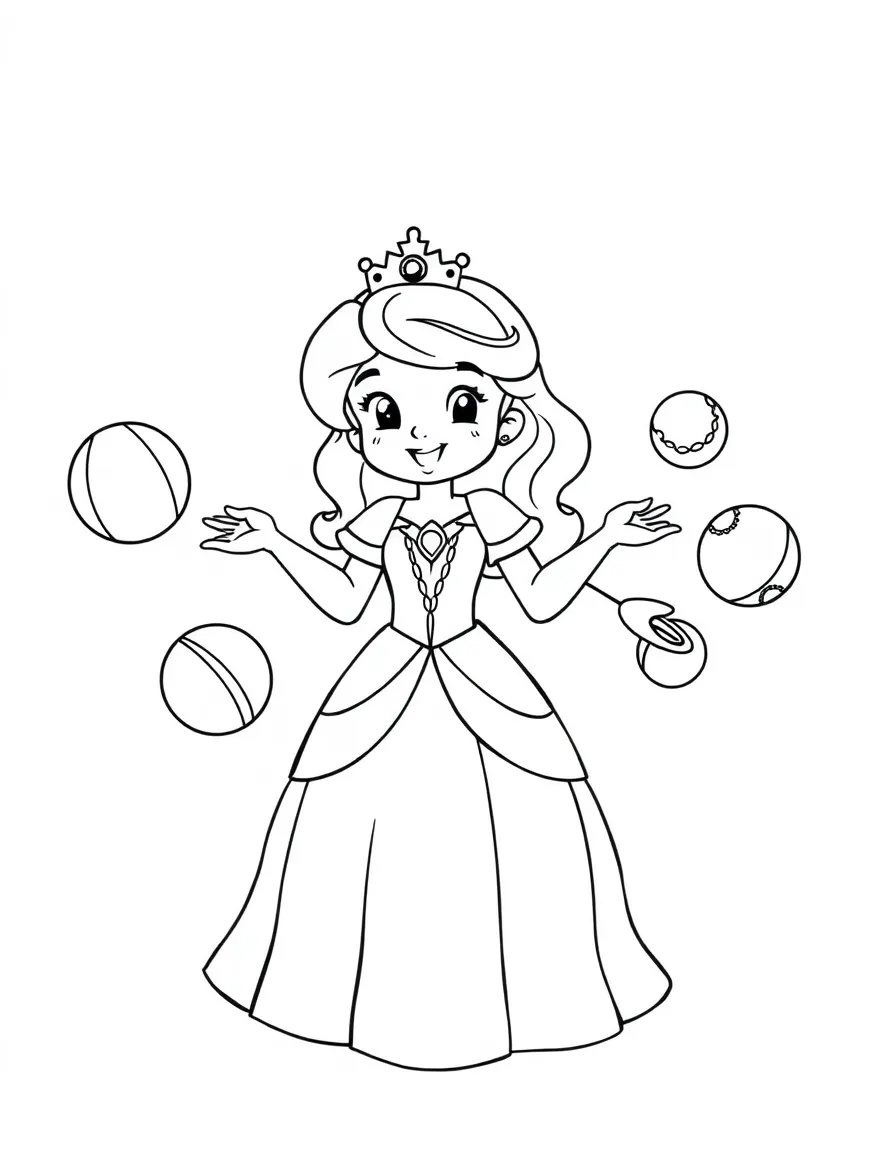A princess learning to juggle colorful balls, looking playful.