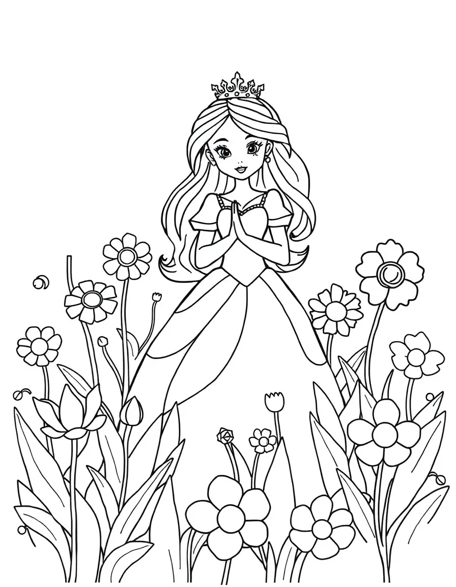 A princess in a field of whimsical flowers, each one a different shape.