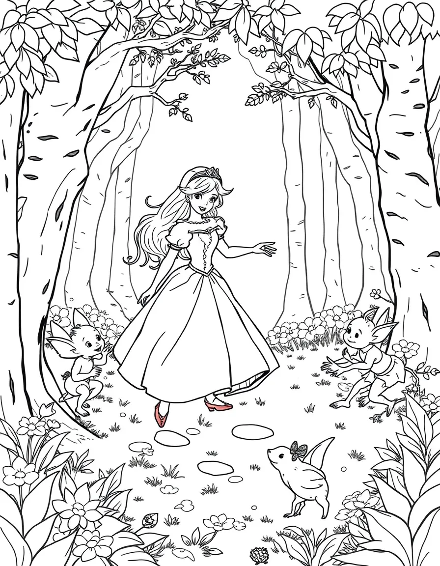 A princess playing a game of tag with friendly sprites in a magical forest.