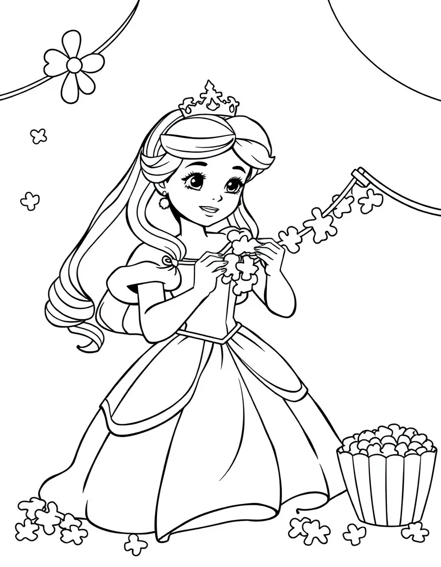 A princess making a string of popcorn garland for a party.