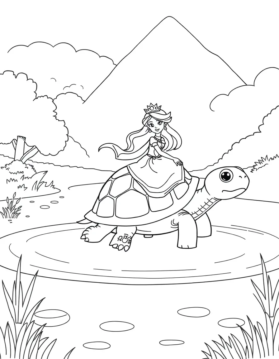A princess riding a friendly giant tortoise across a calm lake.