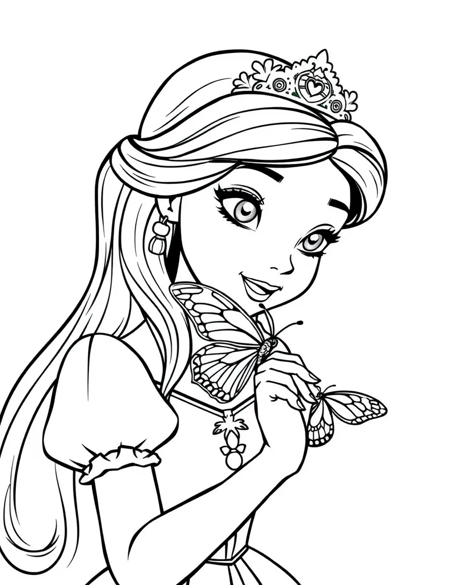 A princess with a pet butterfly, gently holding it on her finger.