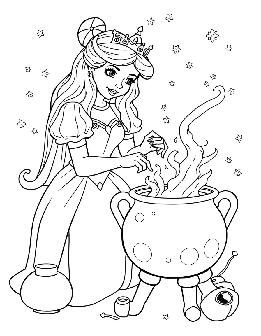 A princess making a secret potion in a bubbling cauldron, surrounded by magic.