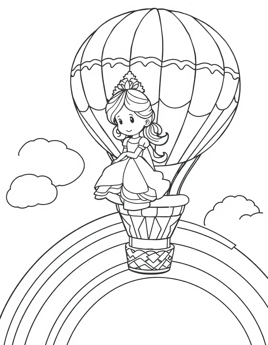 A princess on a hot air balloon made of colorful patches, floating over a rainbow.
