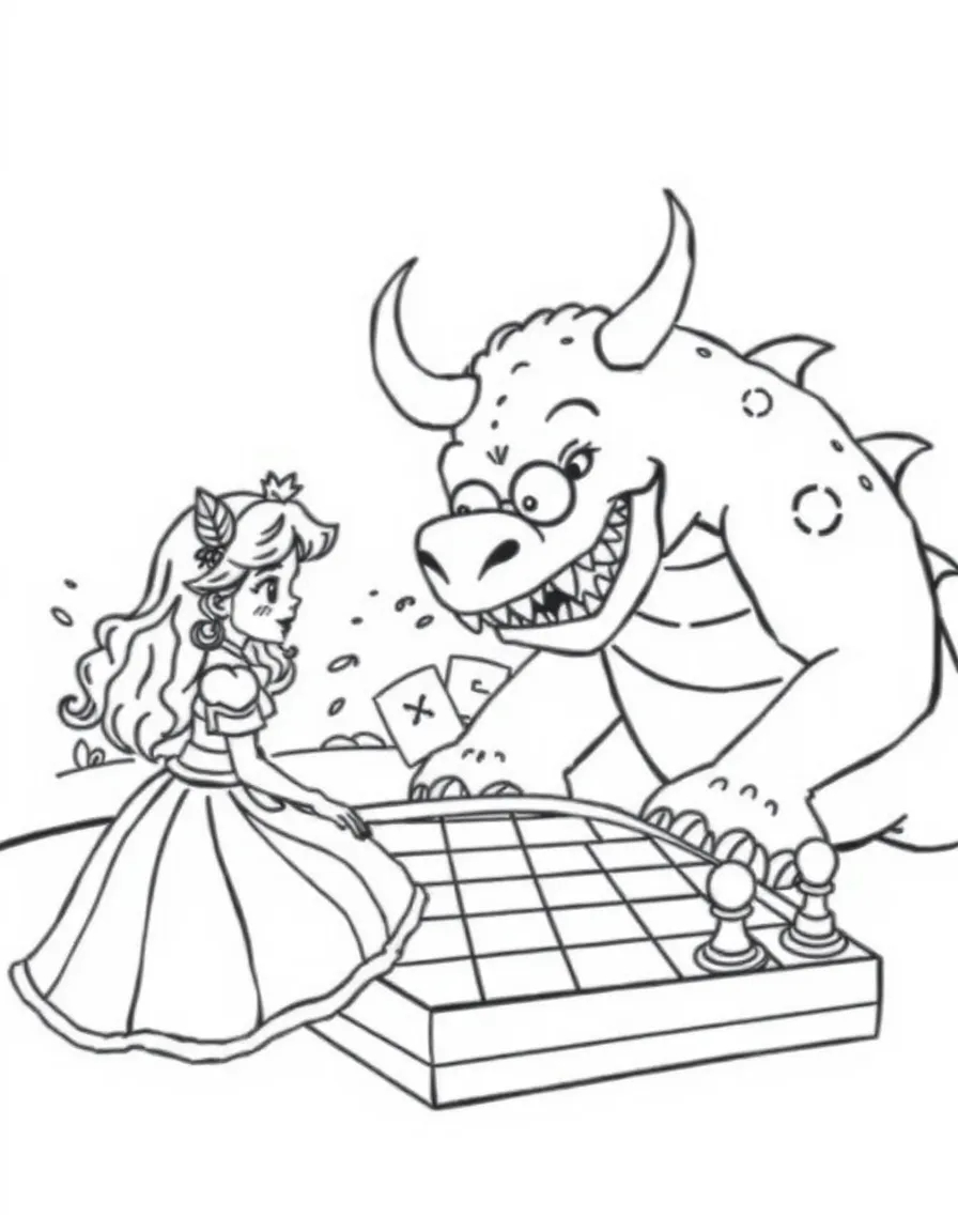 A princess playing a giant game of checkers with a friendly monster.