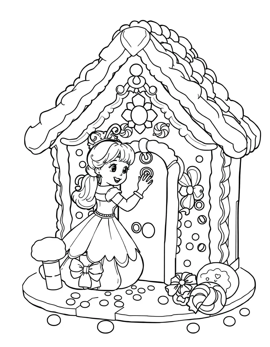 A princess in a gingerbread house, decorating it with candies.