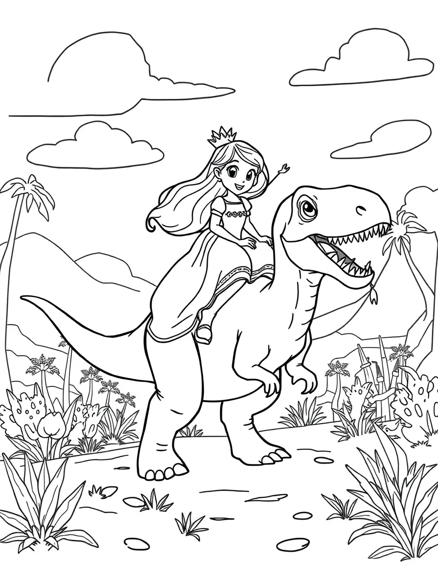A princess riding a friendly dinosaur through a prehistoric landscape.
