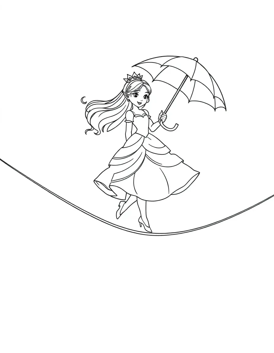 A princess on a tightrope, balancing gracefully with an umbrella.