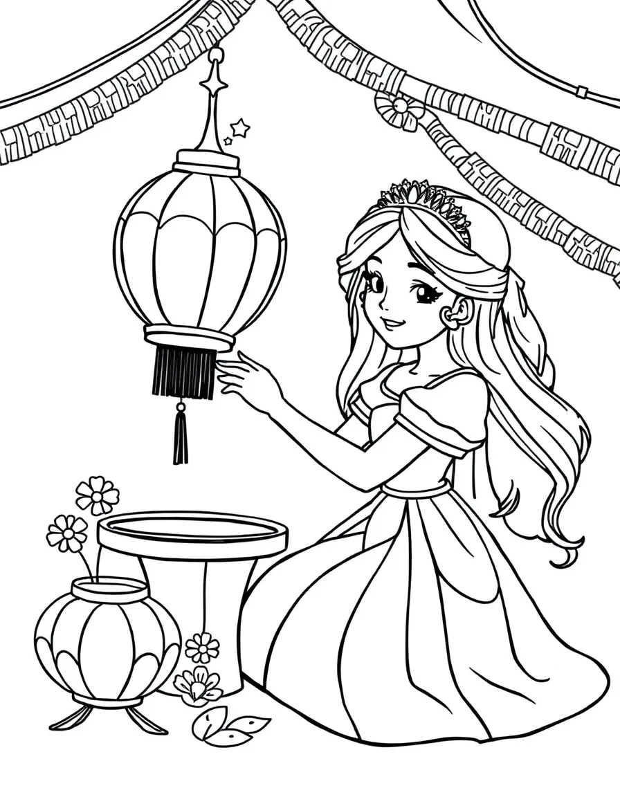 A princess making a colorful paper lantern for a festival.