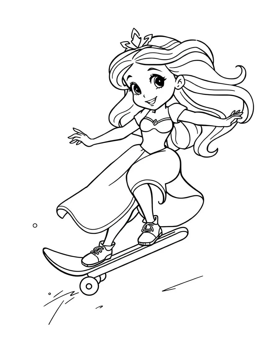 A princess riding a magical skateboard, performing tricks.