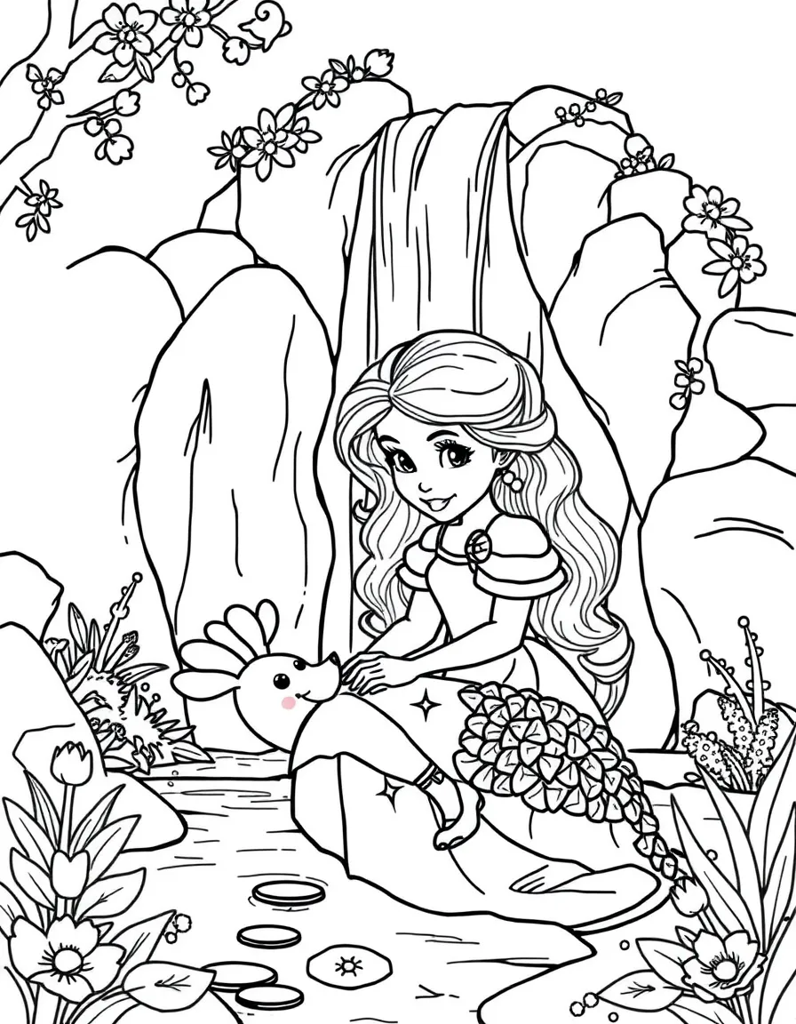 A princess with a pet platypus, playing near a waterfall.