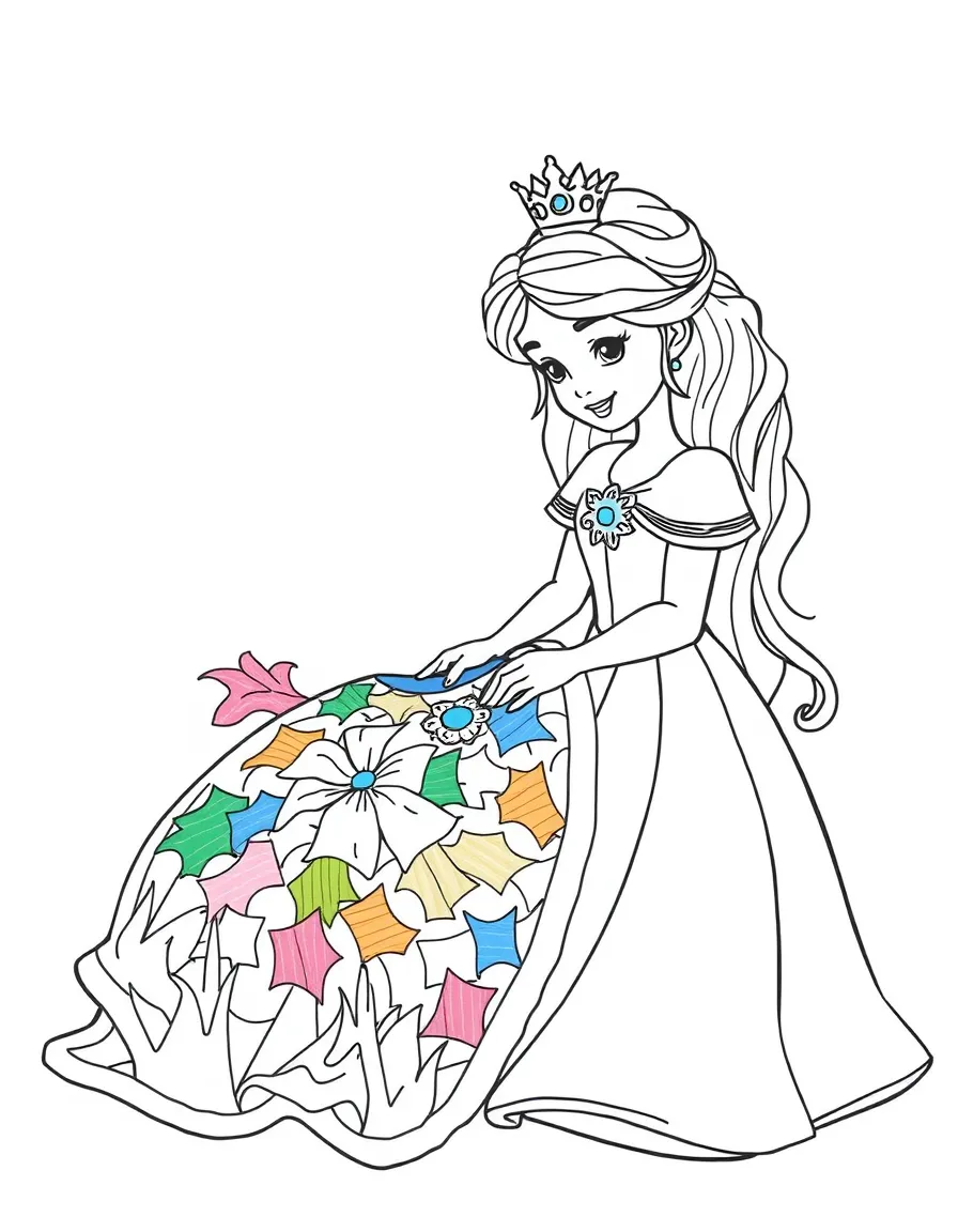A princess making a beautiful quilt from colorful fabric scraps.