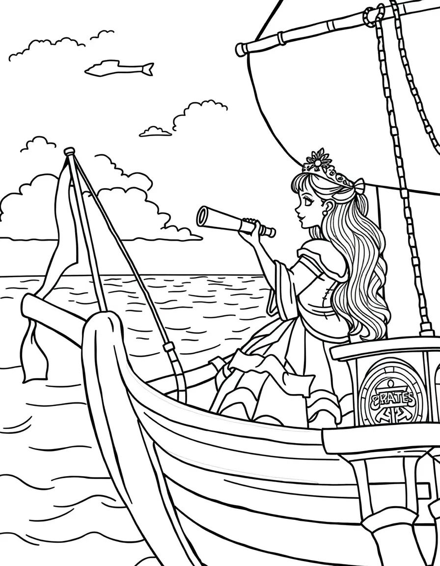 A princess on a pirate ship, looking out at the ocean with a spyglass.