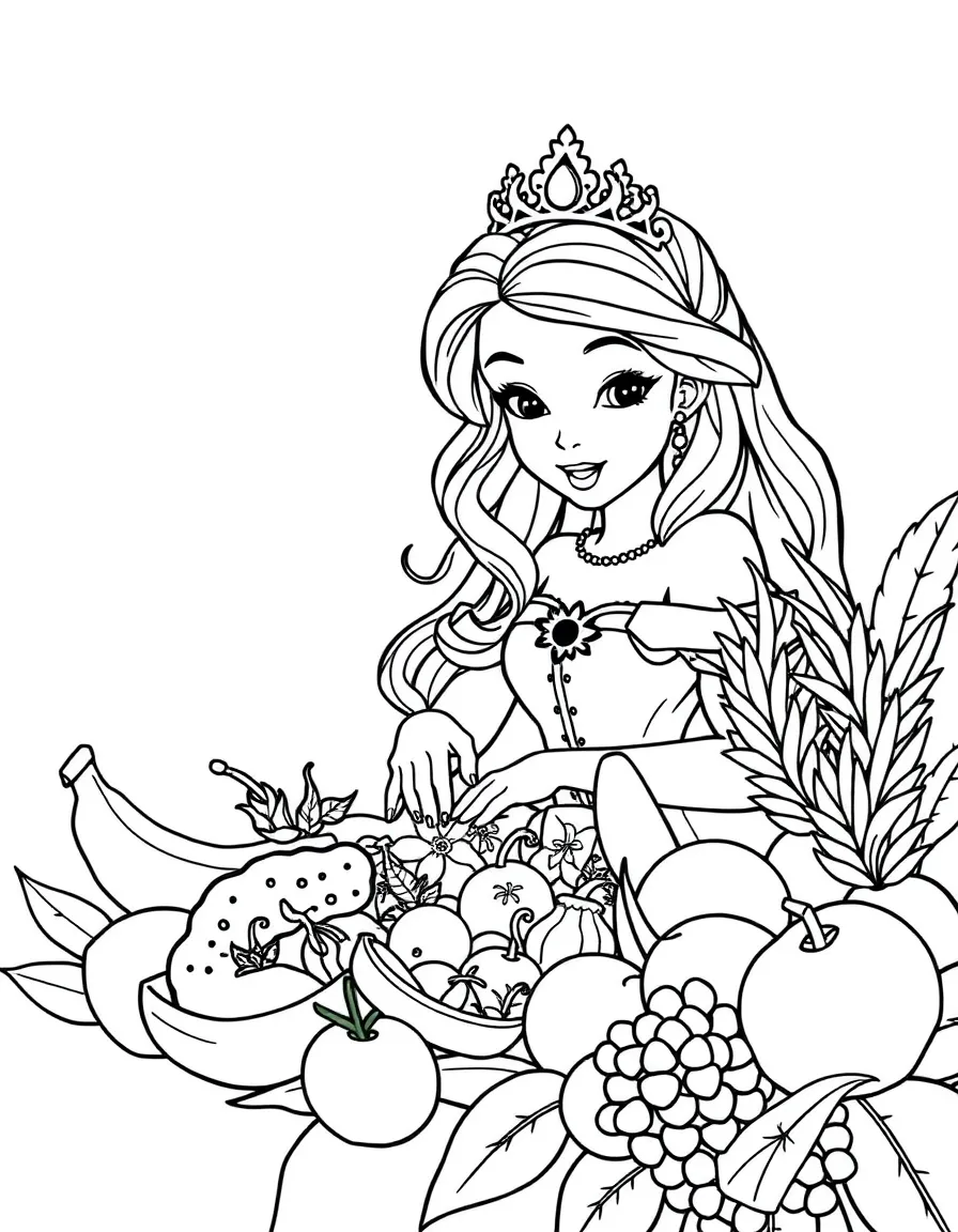 A princess making a fruit salad with exotic fruits from her garden.