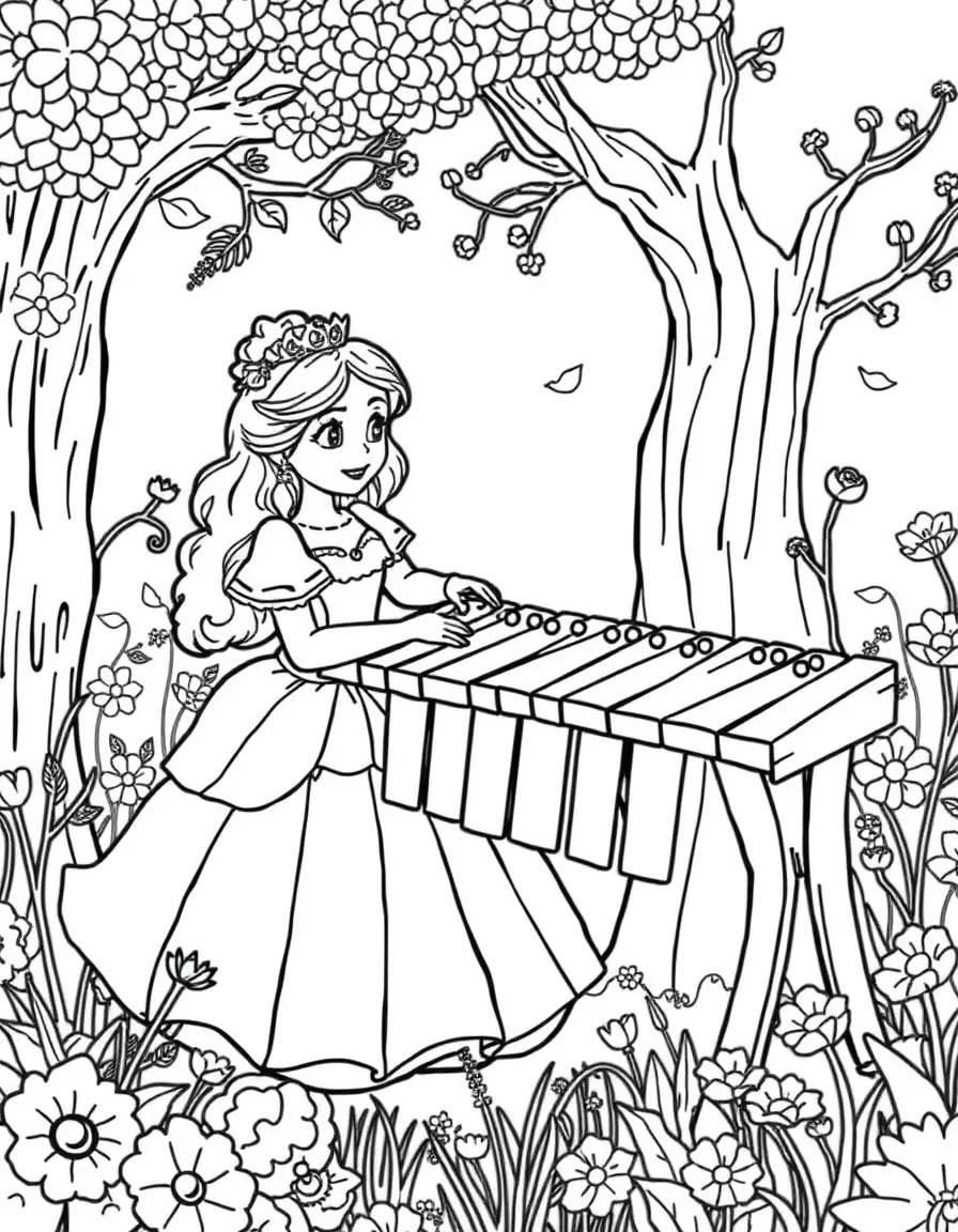 A princess playing a giant xylophone in a whimsical garden.