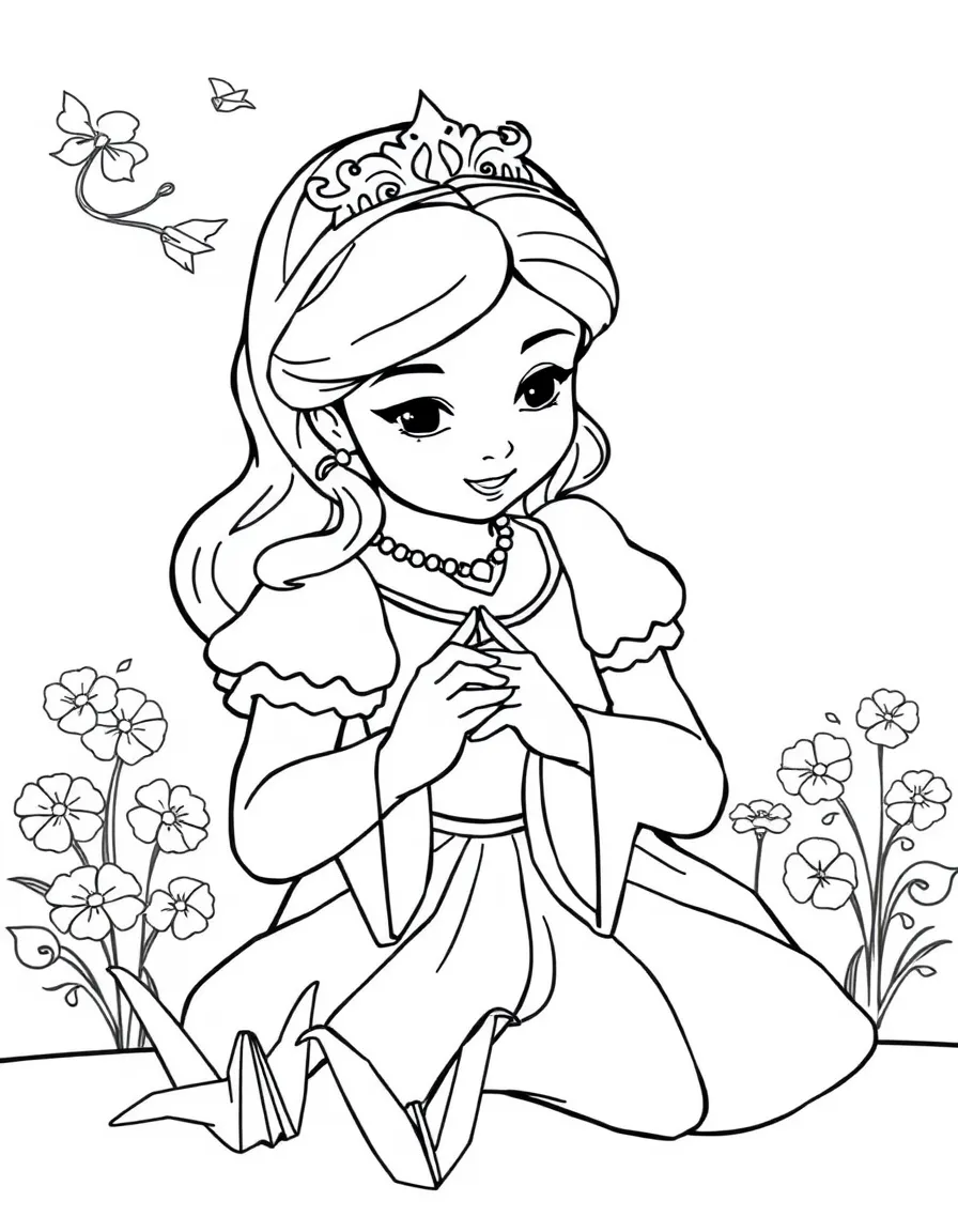 A princess making a paper crane, folding it carefully.