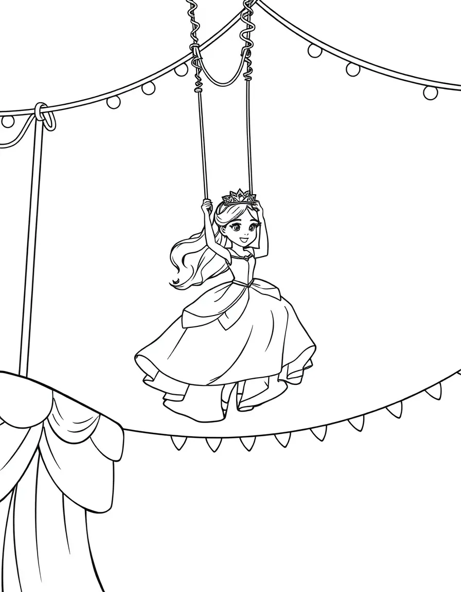 A princess on a trapeze, swinging through the air at a circus.
