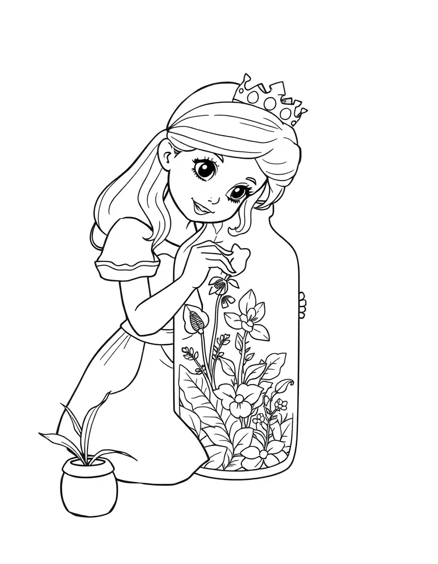 A princess making a miniature garden inside a glass jar.