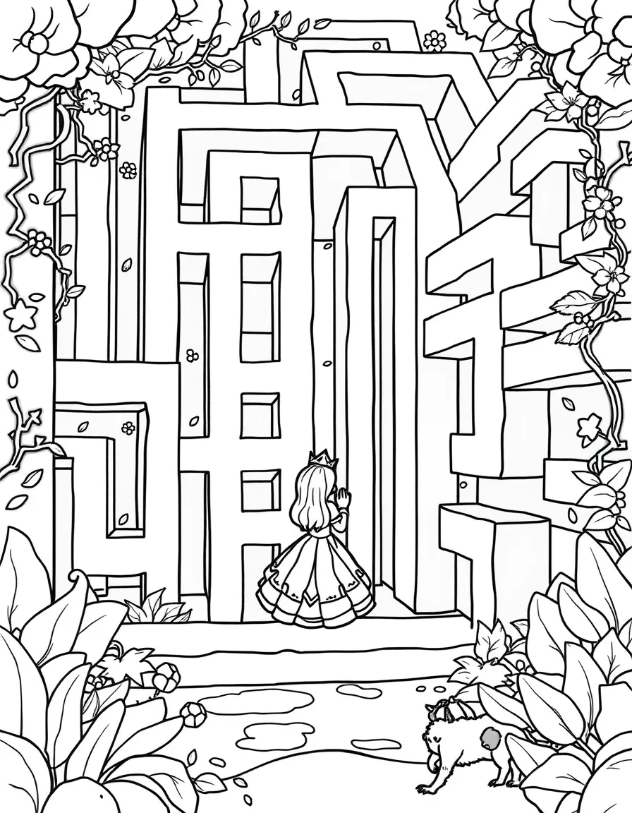 A princess playing a giant maze game, looking for the exit.