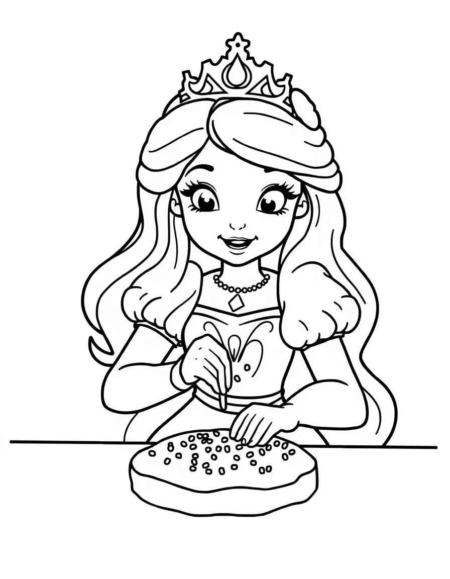 A princess making a delicious, frosted cookie with sprinkles.