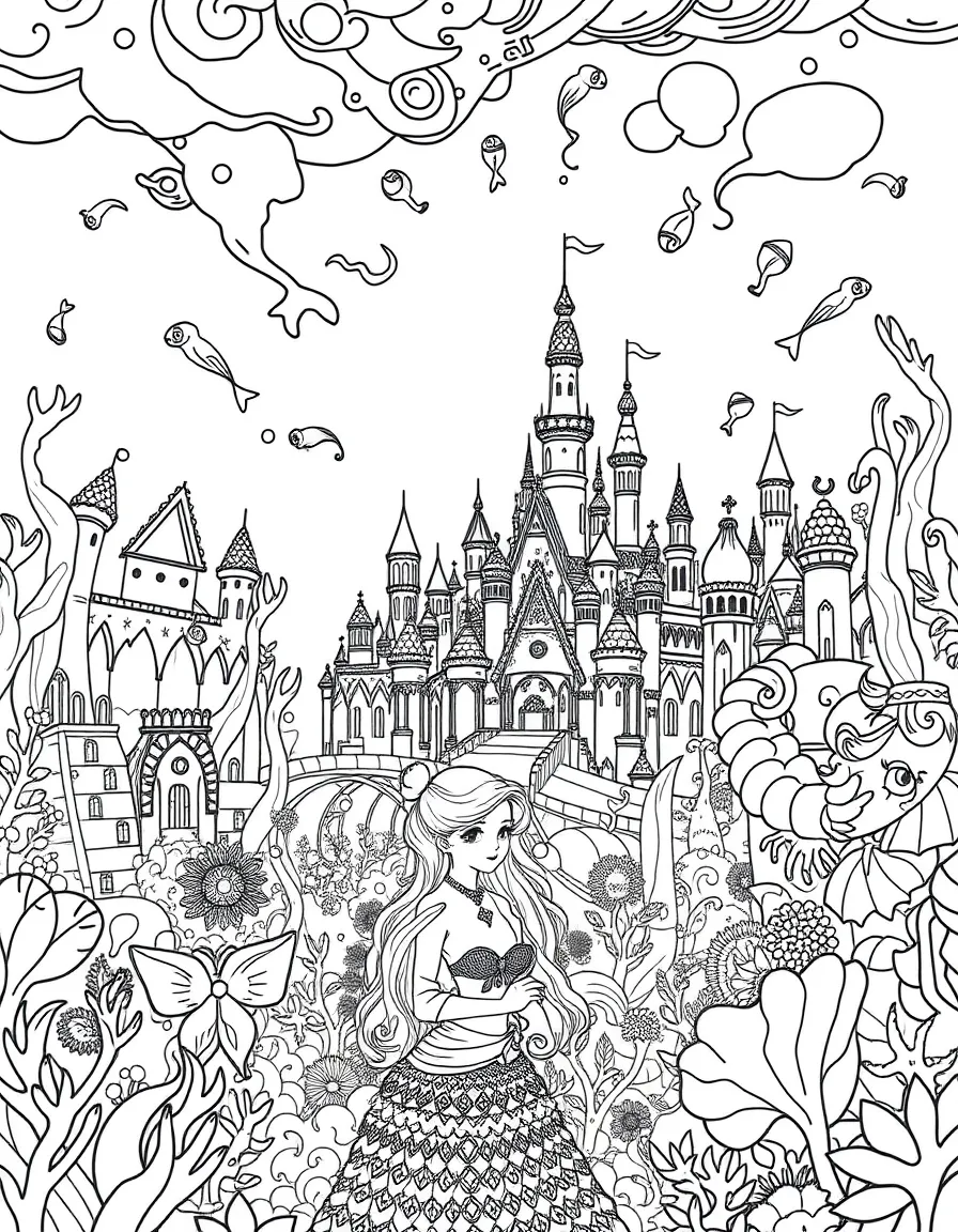 A princess in a fantastical underwater city, surrounded by mermaids.