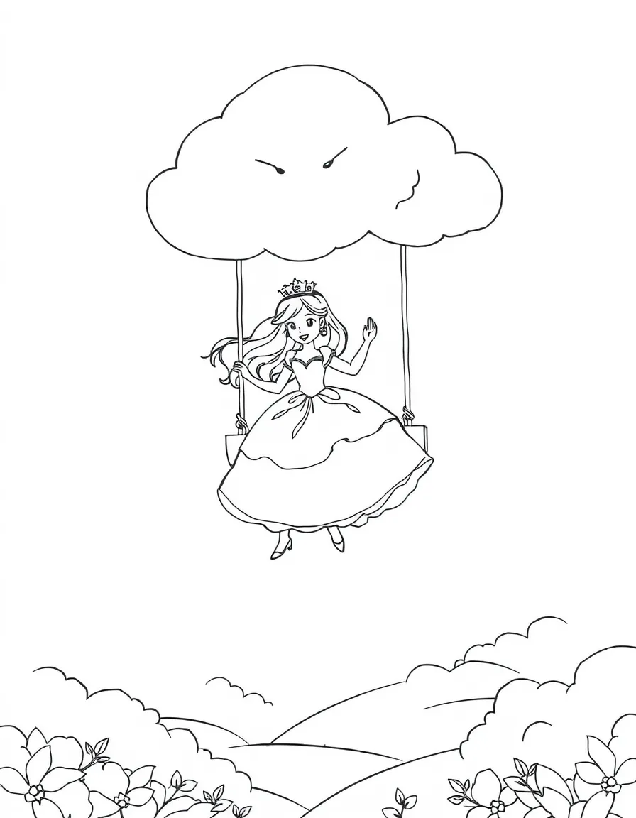 A princess on a cloud swing, floating high above the land.