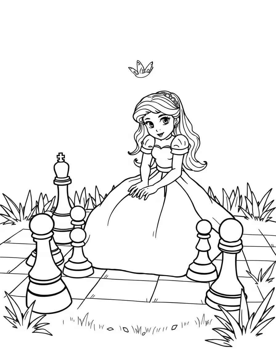A princess playing a game of giant checkers on a checkered lawn.