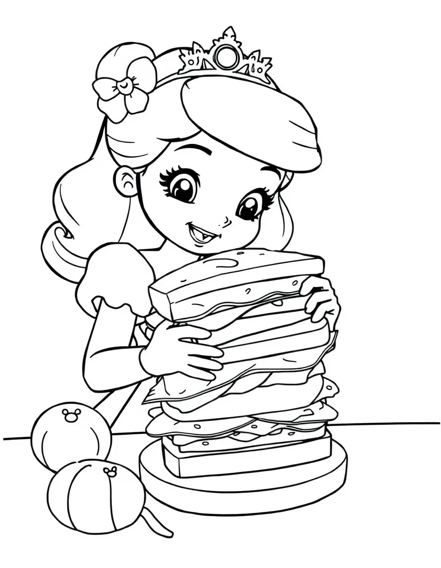 A princess making a delicious, multi-layered sandwich.