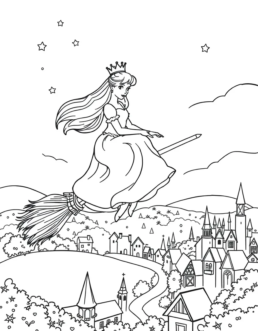 A princess on a magic broomstick, flying over a sleepy town.