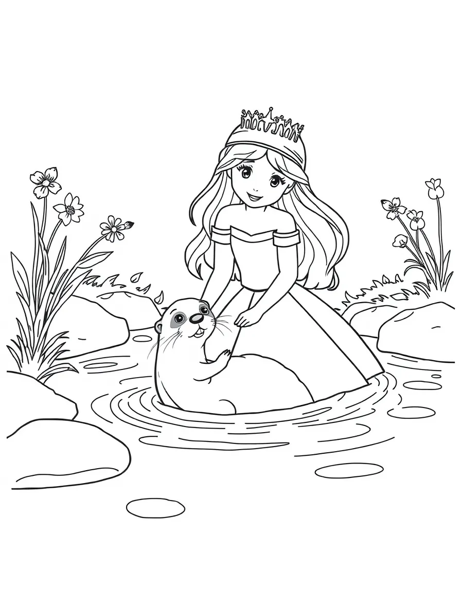A princess with a pet otter, playing in a clear river.