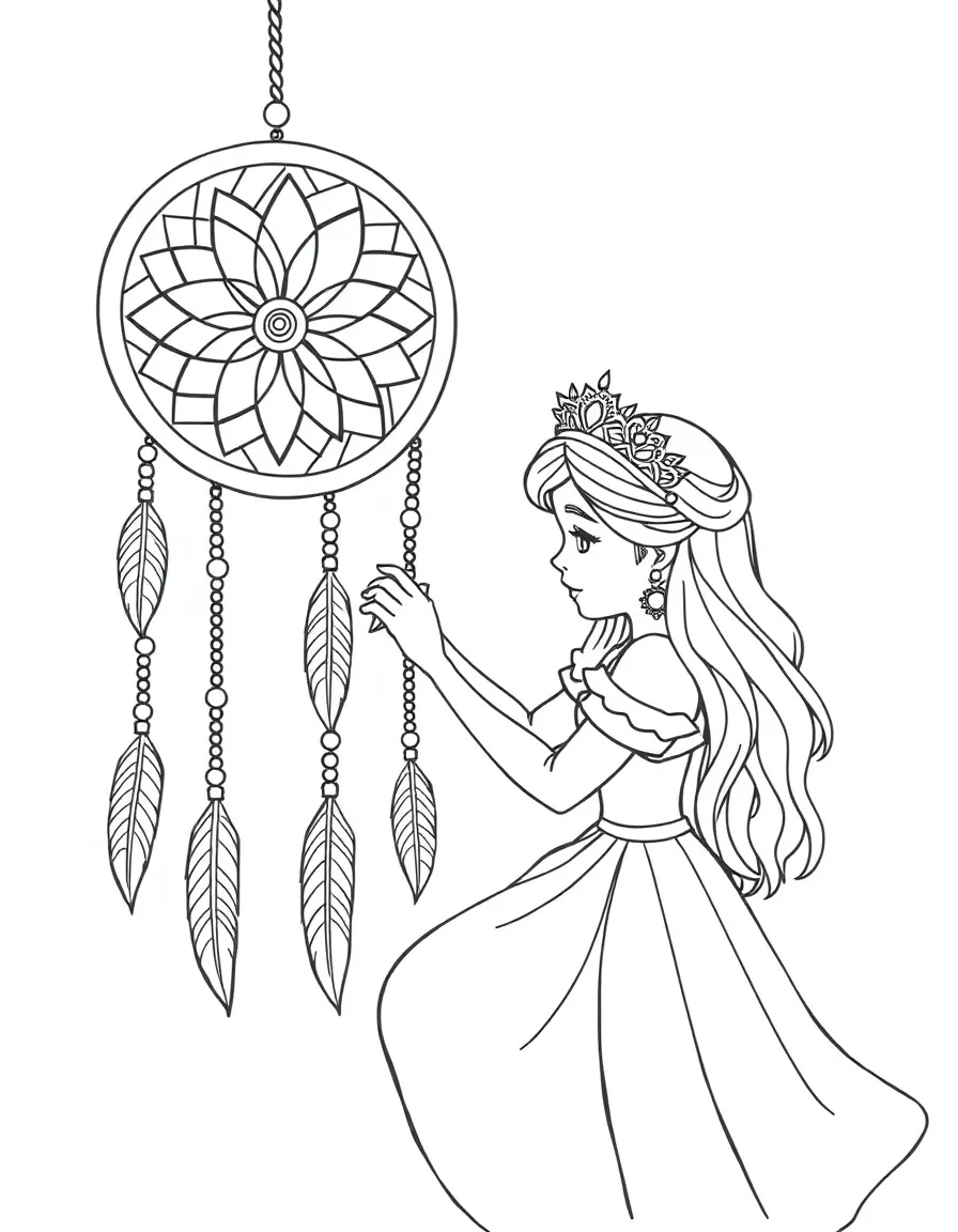 A princess making a beautiful dreamcatcher with feathers and beads.