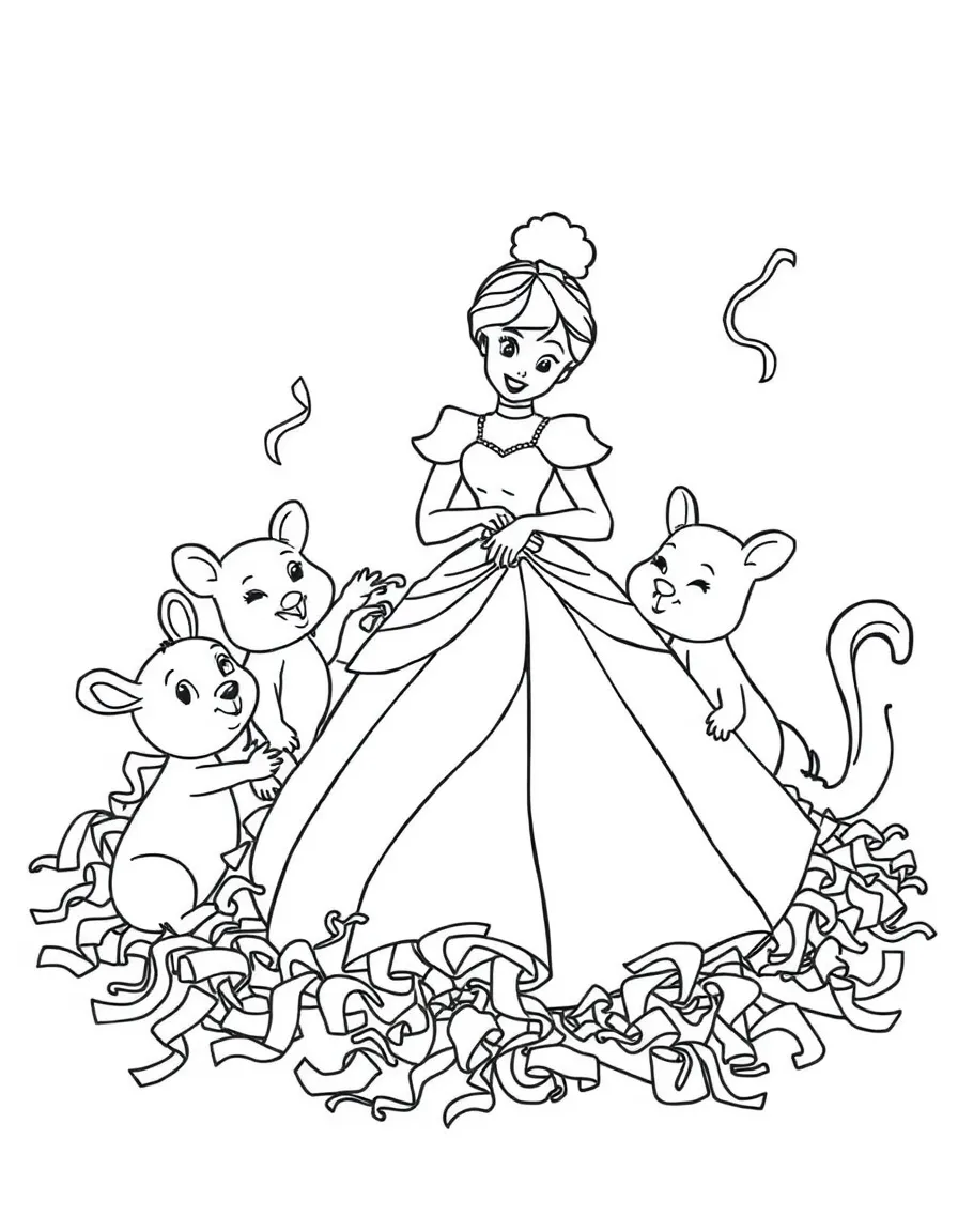 Cinderella and her animal friends, surrounded by a pile of colorful ribbons and fabrics, making a new dress for the ball.