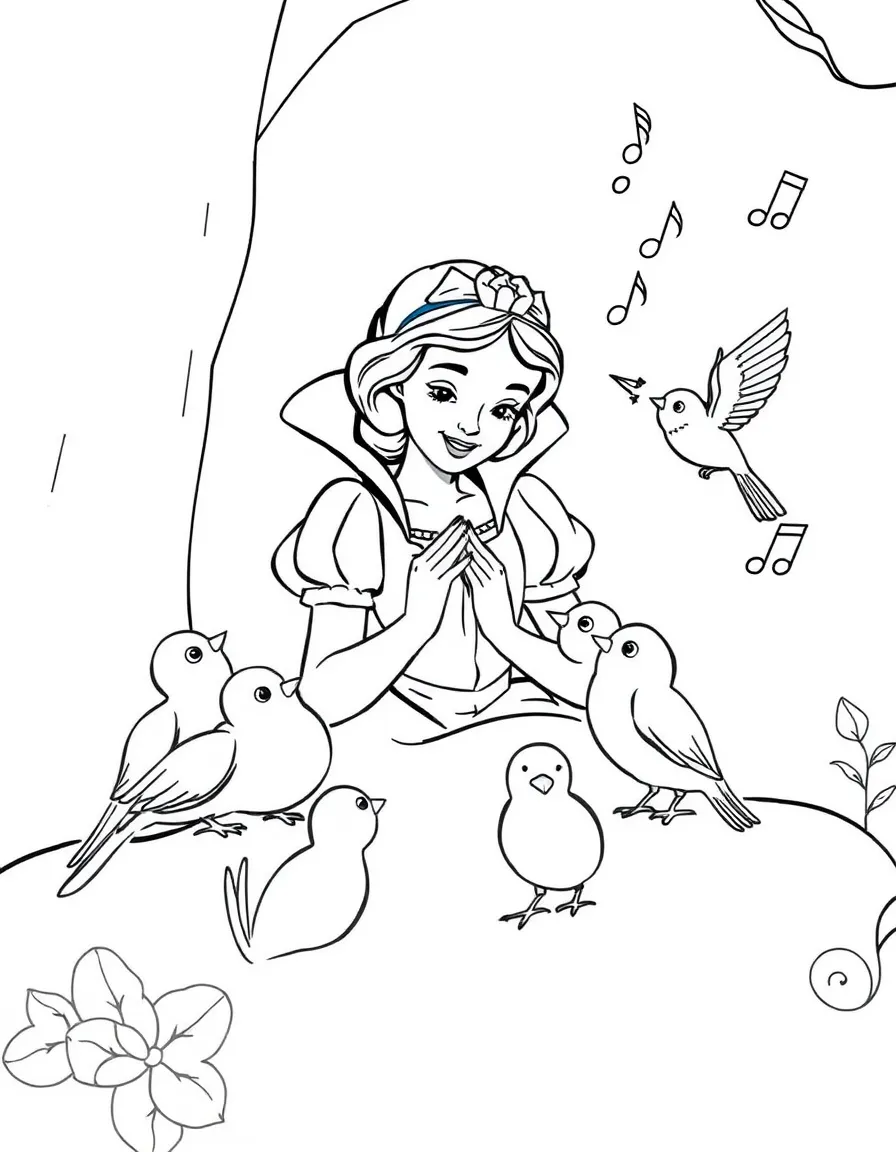 Snow White teaching the little birds how to sing, with musical notes floating around her.