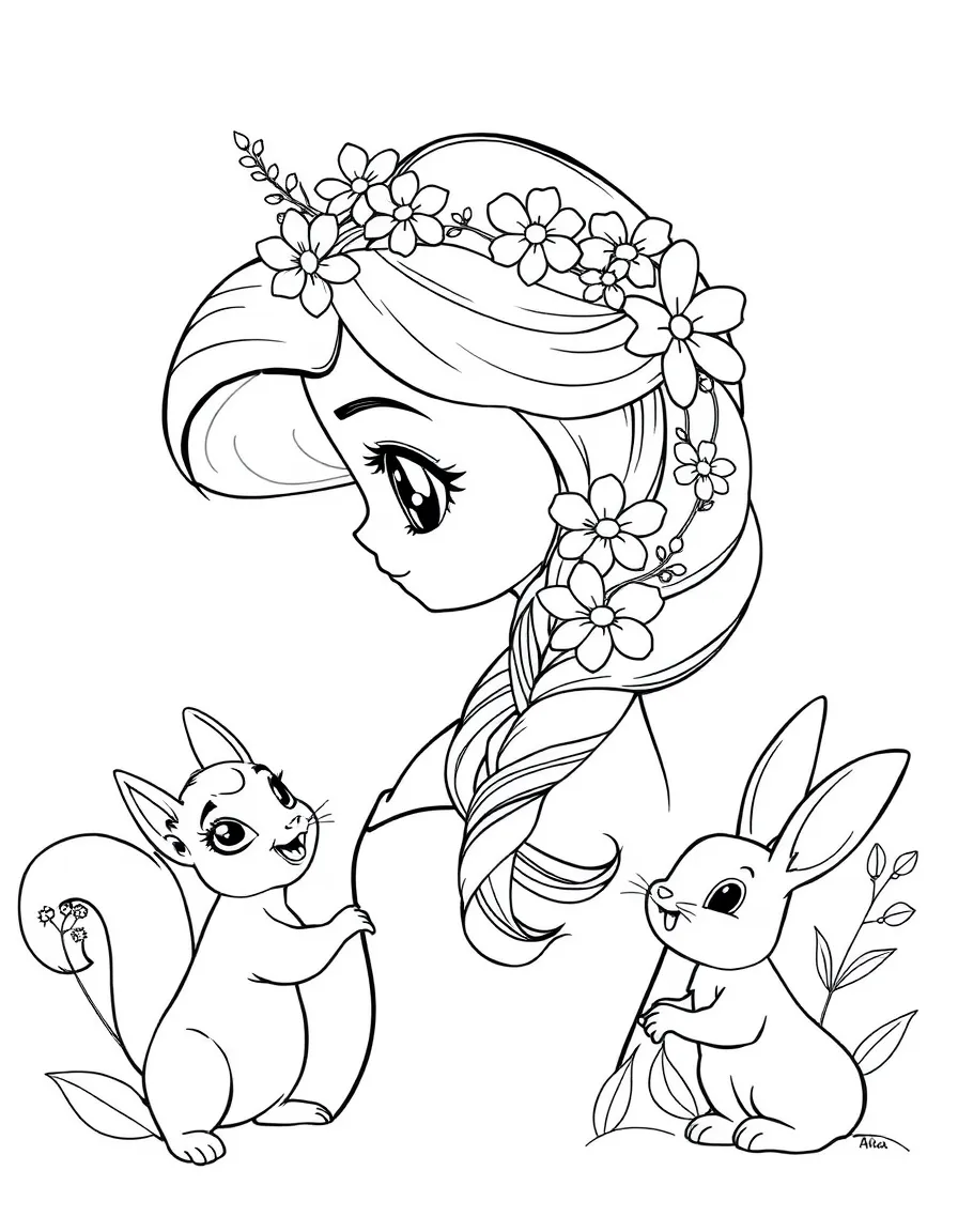 Aurora braiding flowers into her hair, with a squirrel and rabbit watching curiously.