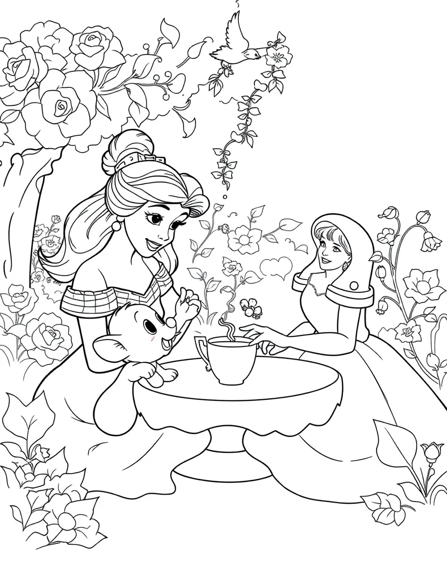 Belle and Chip having a tea party in the garden, with Mrs. Potts watching fondly.