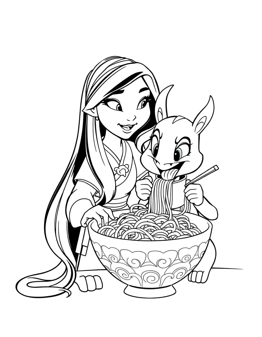 Mulan and Mushu sharing a bowl of noodles, looking mischievous.