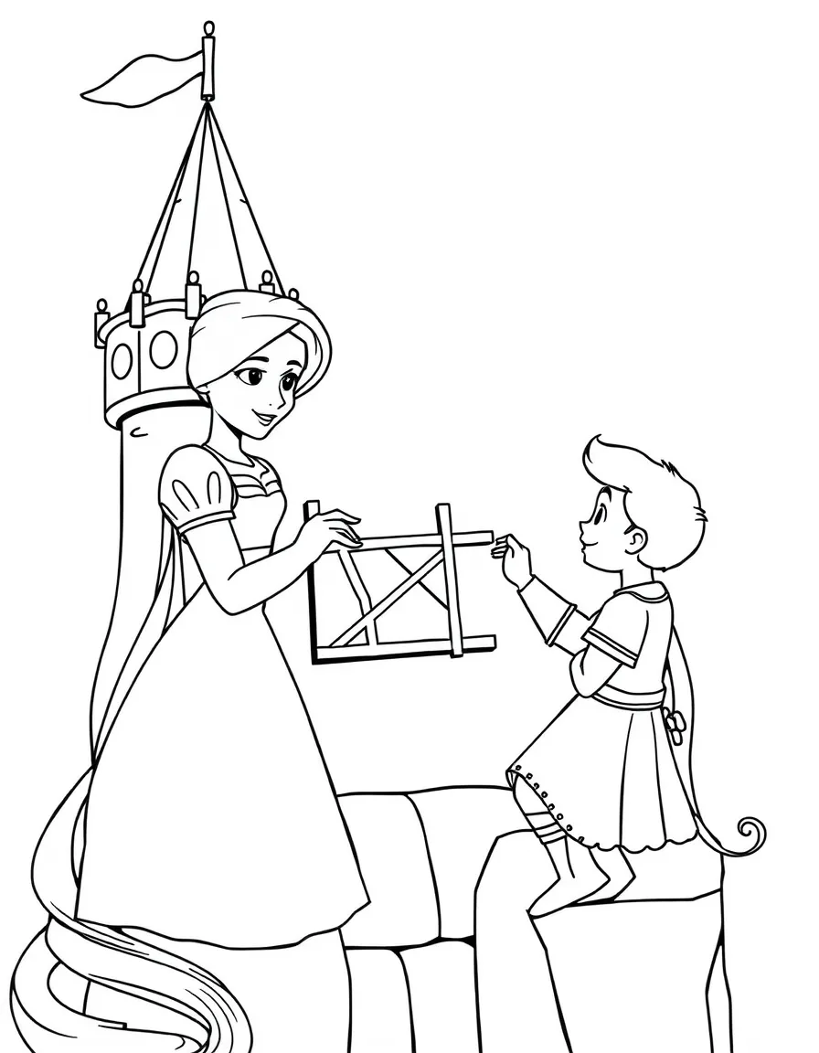 Rapunzel teaching Pascal how to play tic-tac-toe on the tower wall.
