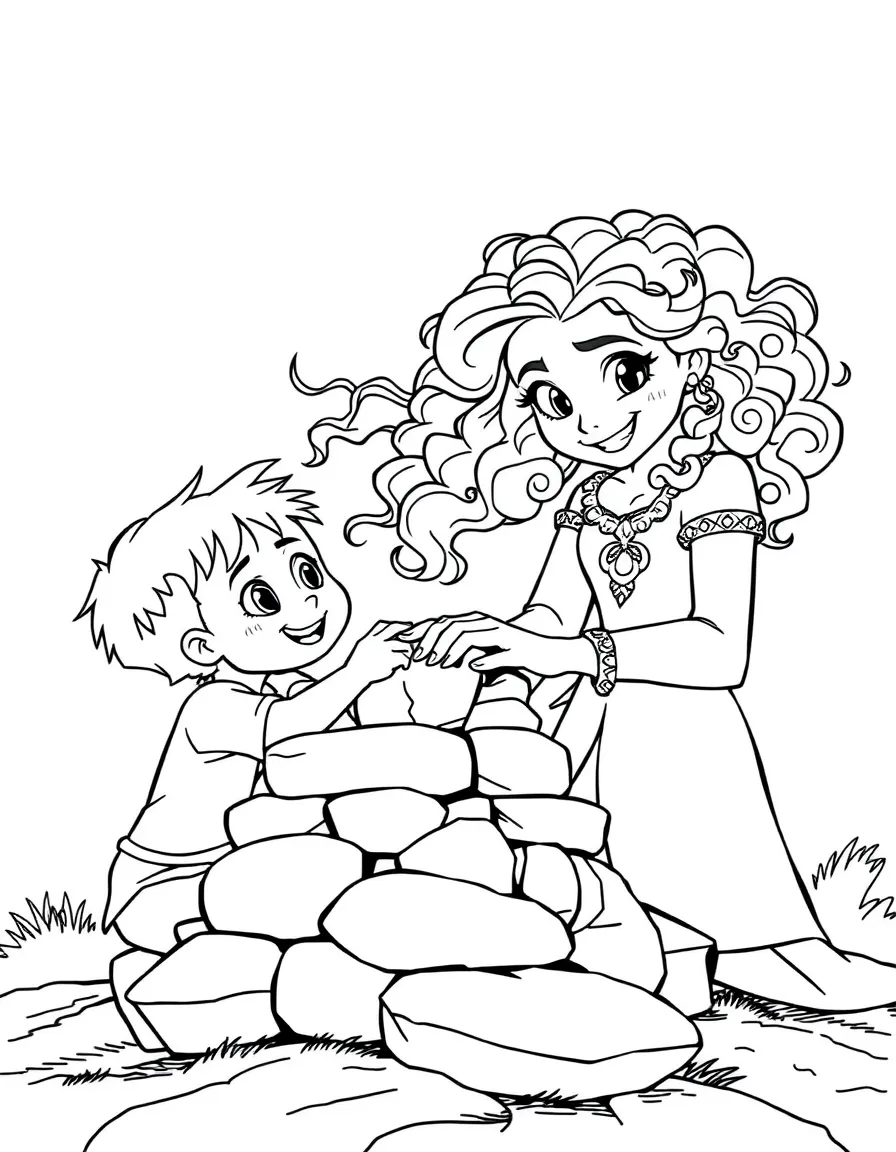 Merida showing her little brothers how to build a stone tower, with a grin.