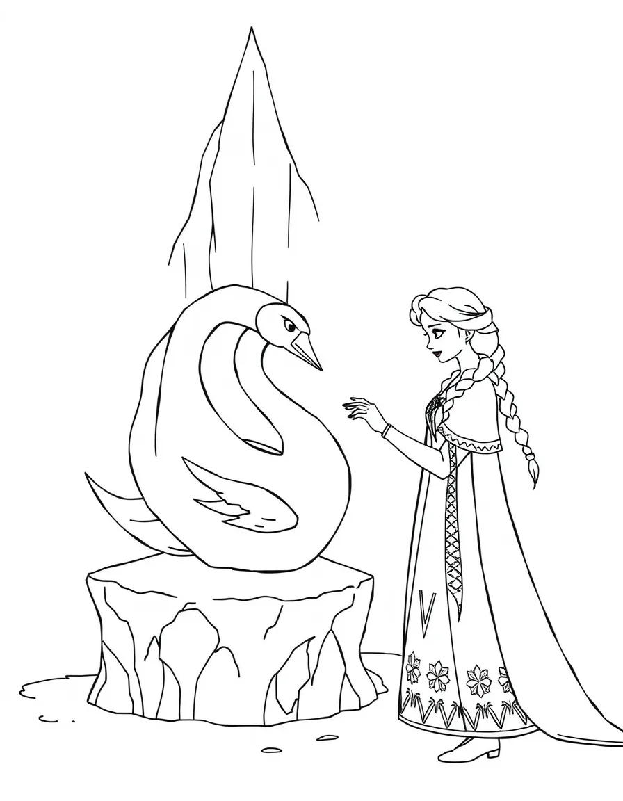 Elsa creating a majestic ice sculpture of a swan for Anna.