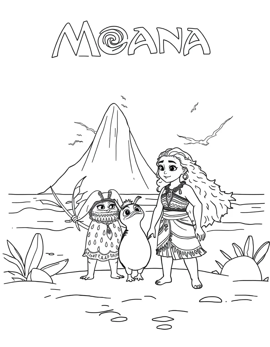 Moana and Heihei exploring a new, untouched island, looking amazed.