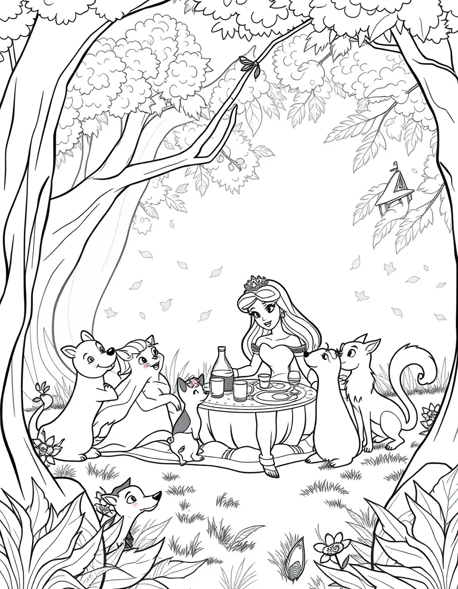 A Disney princess having a picnic with all her animal sidekicks in a sun-dappled glade.