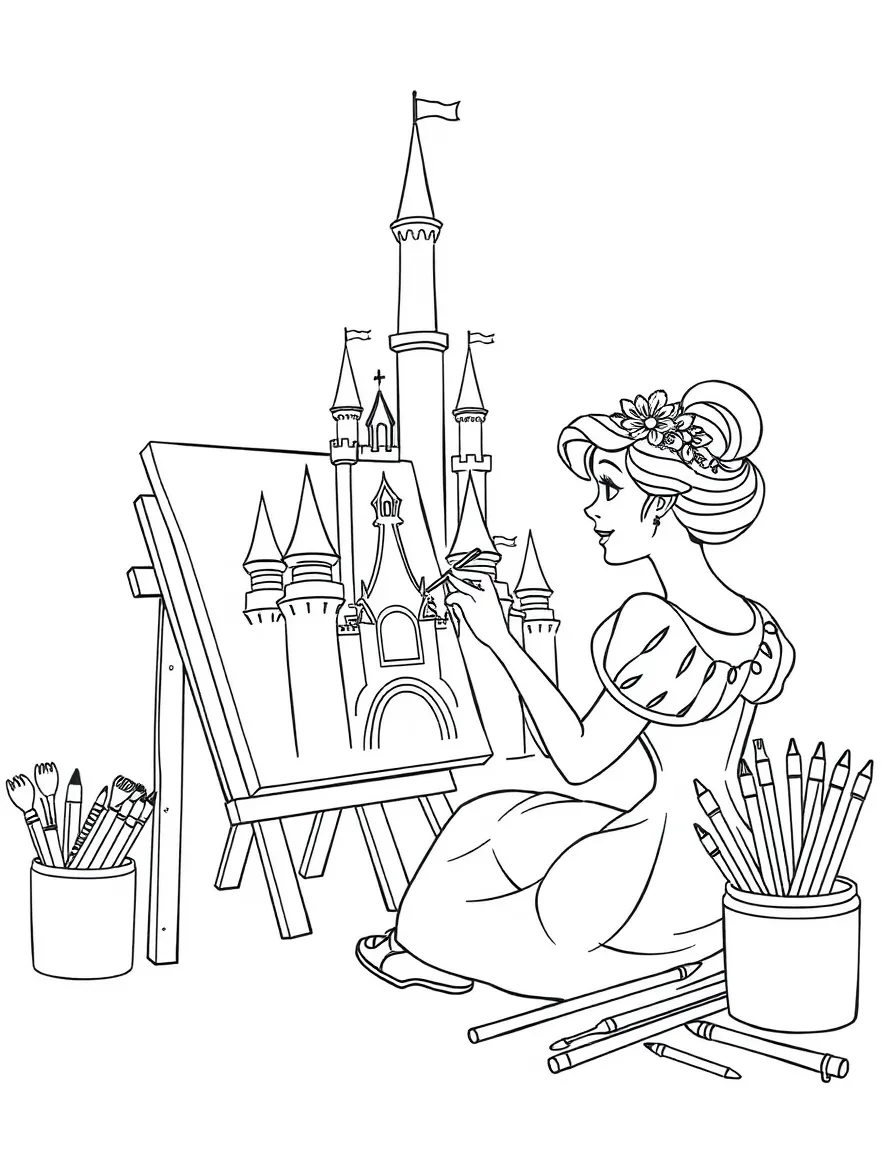 A Disney princess drawing a portrait of her castle, surrounded by art supplies.