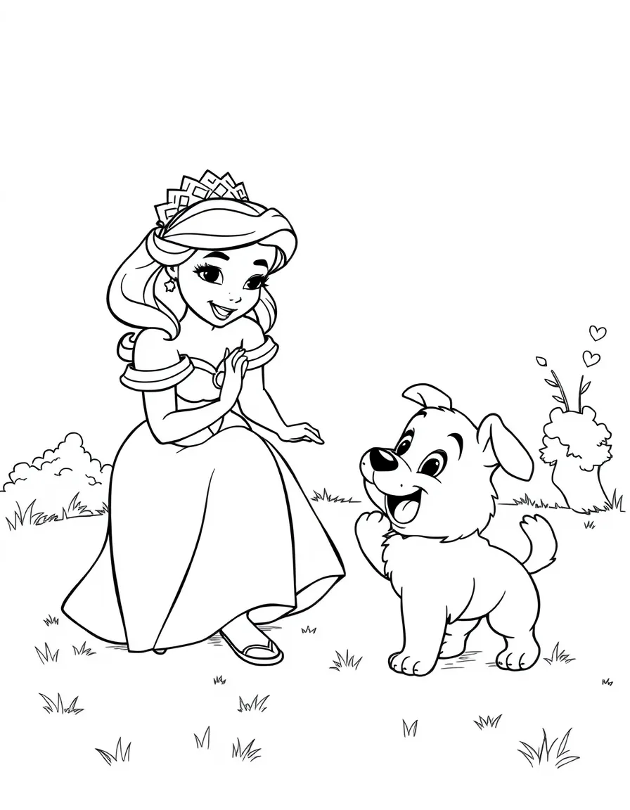 A Disney princess playing a joyful game of fetch with a fluffy puppy.