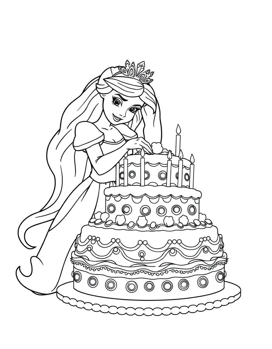 A Disney princess decorating a gigantic, colorful birthday cake.