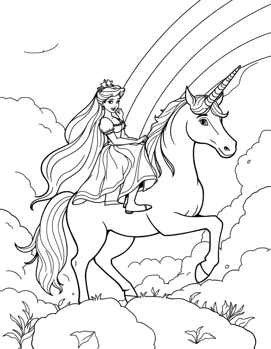 A Disney princess riding a magnificent unicorn through a rainbow-filled sky.
