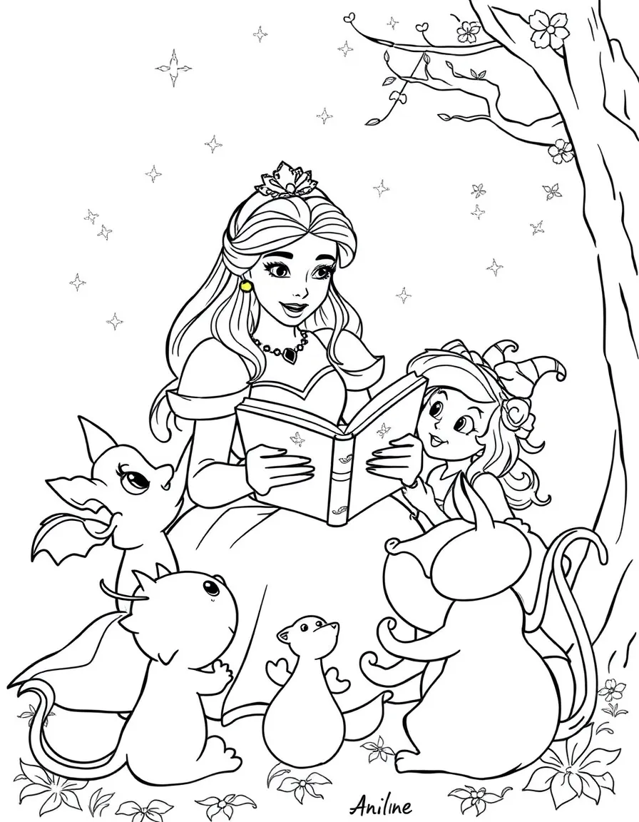 A Disney princess reading a magical storybook to a group of enchanted creatures.