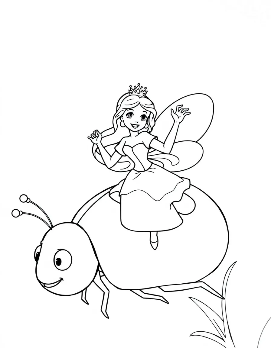A Disney princess flying on a giant, friendly ladybug, waving cheerfully.