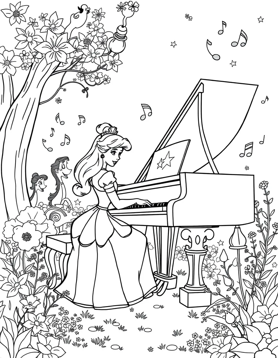 A Disney princess playing a giant piano in a whimsical garden, with dancing notes.